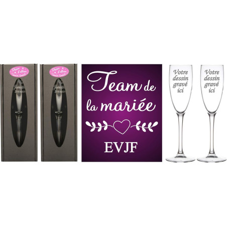 LOT 2 Flûtes gravées EVJF – Team de la Mariée – Cadeau souvenir original Enterrement de Vie de Jeune Fille pour une journée