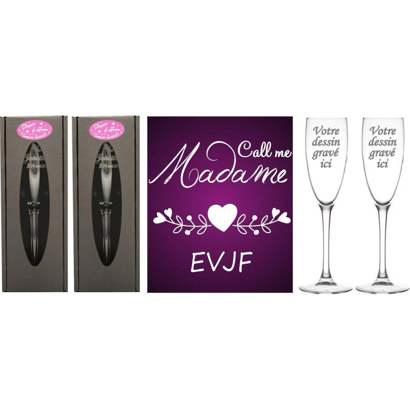 LOT 2 Flûtes gravées EVJF – Call me Madame – Cadeau souvenir original Enterrement de Vie de Jeune Fille pour une journée