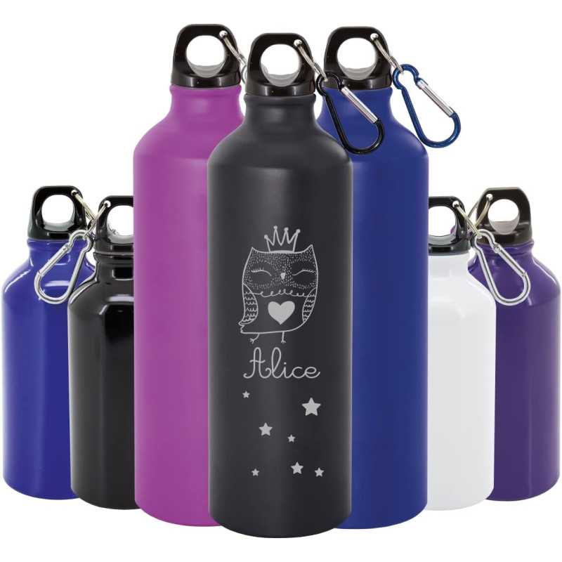 Gravure Events Gourde aluminium personnalisée avec le prénom gravé pour la rentrée scolaire de votre enfant. Un cadeau utile et
