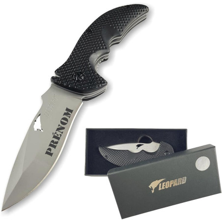 Gravure Events - Couteau Pliant Personnalisé Prénom Gravé LEOPARD - Cadeau pour Homme - Anniversaire, Fête des Pères, Noël