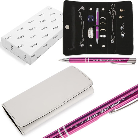 Gravure Events Etui Bijoux Pierre Delone avec le stylo rose gravé Merci Maîtresse – Cadeau institutrice, professeur des écoles