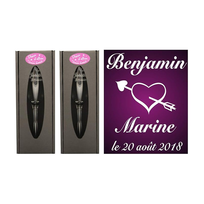 Gravure Events 2 Flûtes à Champagne Gravées Modèle Cœur Eros avec 2 Boîtes Cadeaux - Cadeau de Mariage pour Les Mariés - Cadeau