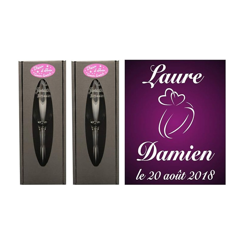 Gravure Events 2 Flûtes à Champagne Gravées Modèle Alliances Cœurs avec 2 Boîtes Cadeaux - Cadeau de Mariage pour Les Mariés