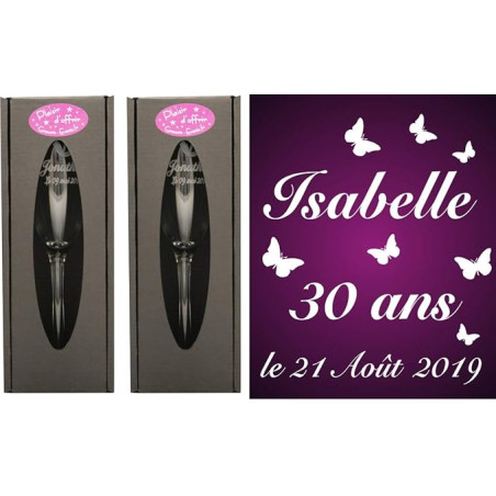 Gravure Events 2 Flûtes à Champagne Gravées en Verre - Âge Personnalisable + Prénom - Modèle Anniversaire Papillons avec 2