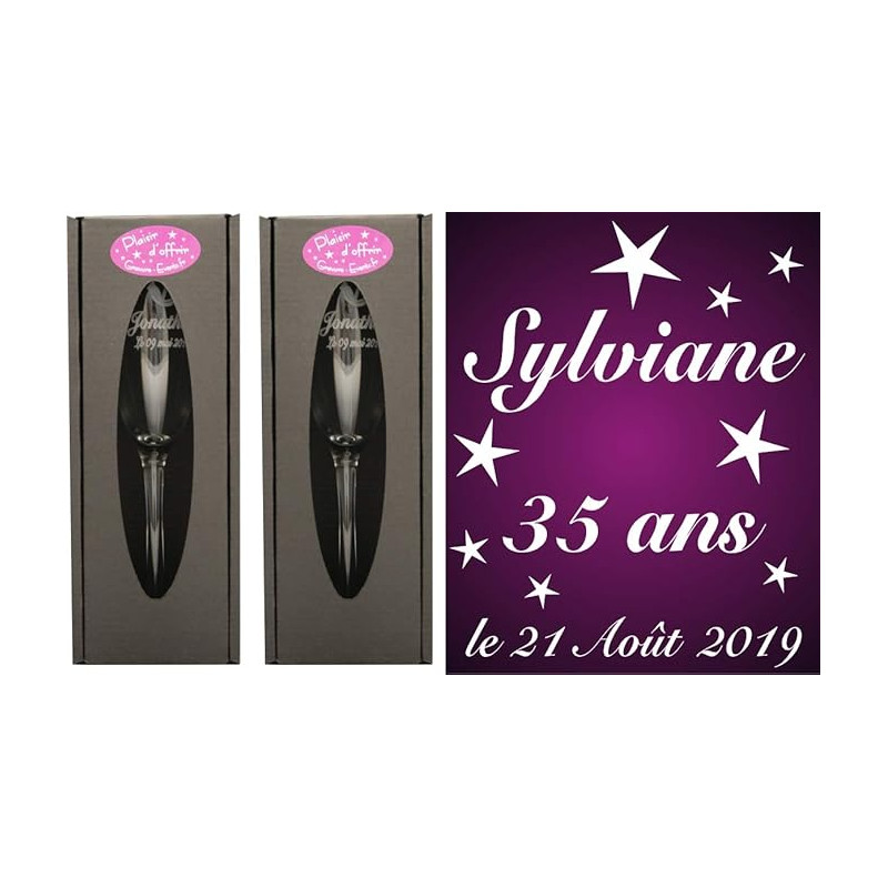2 Flûtes à Champagne Gravées - Age personnalisable + Prénom - Modèle Anniversaire Etoiles avec 2 boites cadeaux - Cadeau