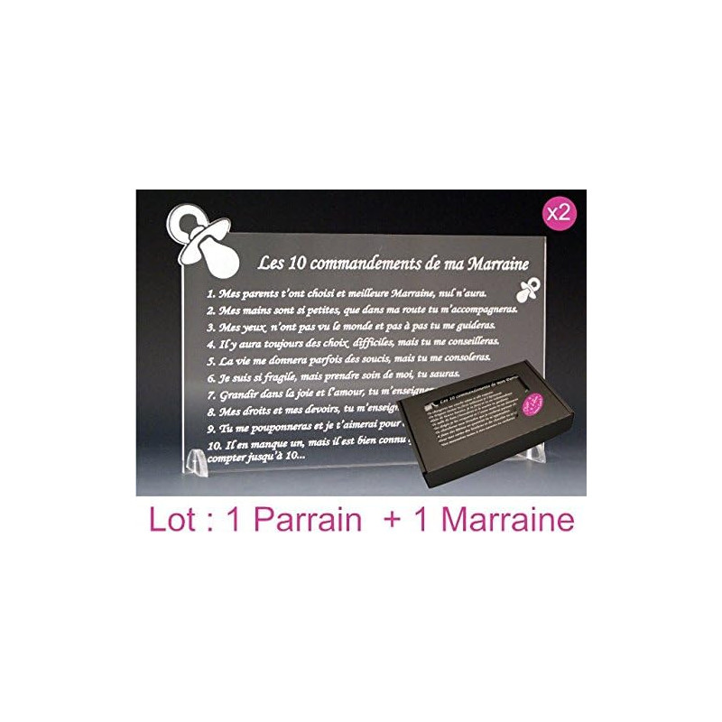 10 Commandements - Tototte texte Baby - Cadeau Baptême & Communion (.Lot PROMOTION : 1 Parrain + 1 Marraine)