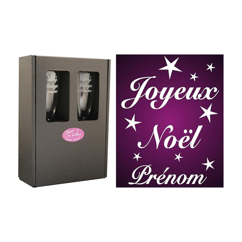 Gravure Events 2 Flûtes à Champagne Gravées – Joyeux Noël + Prénom - Modèle Joyeux Noël Étoiles avec Coffret Cadeau - Cadeau de