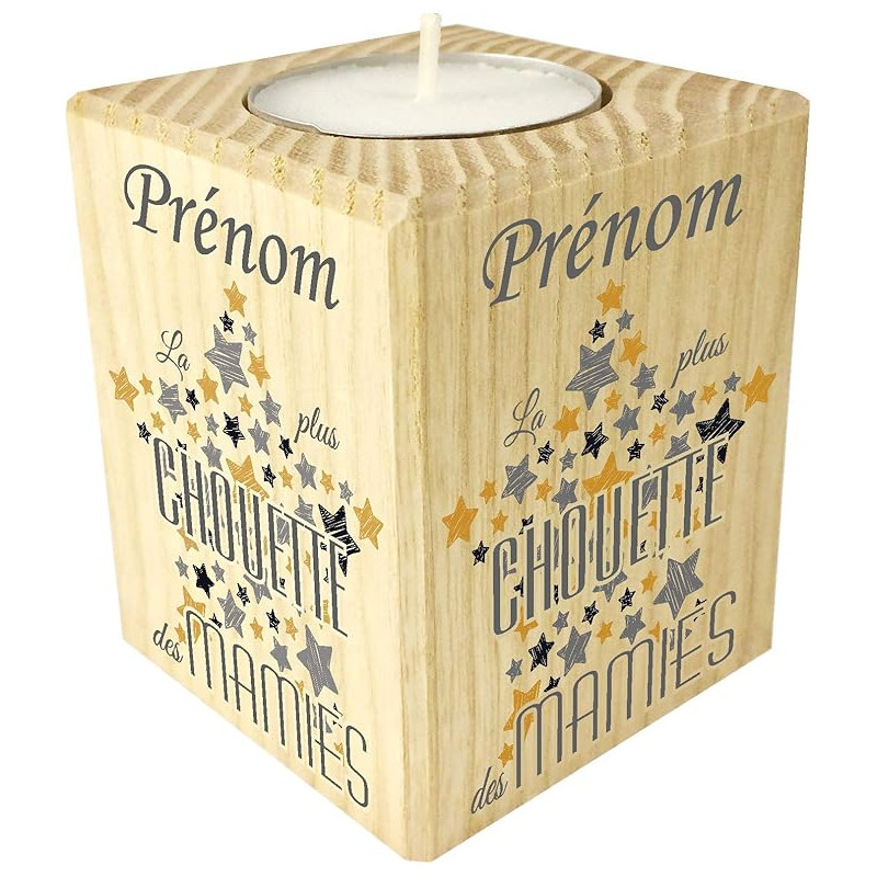 Bougie personnalisée La Plus Chouette des Mamies – Porte Bougie en Bois personnalisé avec Le prénom de Mamie – Cadeau Noël
