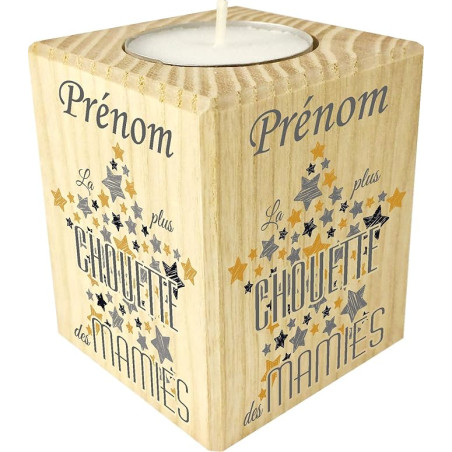 Bougie personnalisée La Plus Chouette des Mamies – Porte Bougie en Bois personnalisé avec Le prénom de Mamie – Cadeau Noël