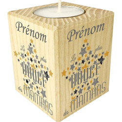 Bougie personnalisée La Plus Douce des Mamans – Porte Bougie en Bois personnalisé avec Le prénom de Maman – Cadeau Noël