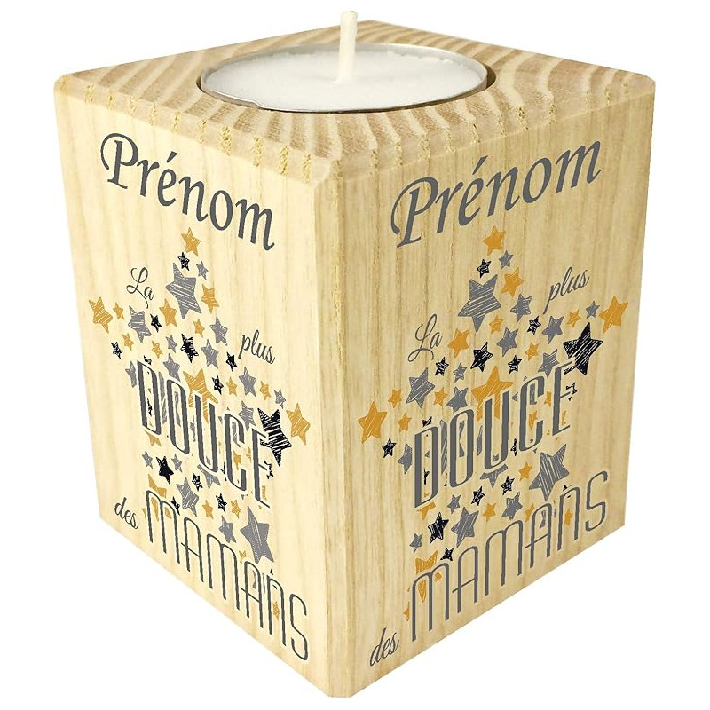 Bougie personnalisée La Plus Douce des Mamans – Porte Bougie en Bois personnalisé avec Le prénom de Maman – Cadeau Noël