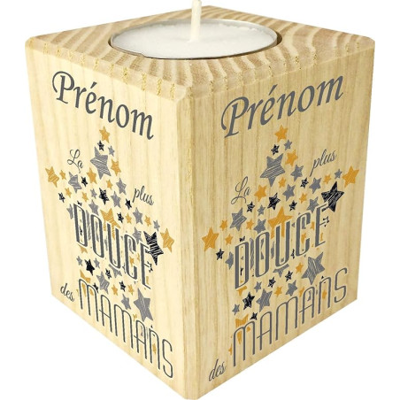 Bougie personnalisée La Plus Douce des Mamans – Porte Bougie en Bois personnalisé avec Le prénom de Maman – Cadeau Noël