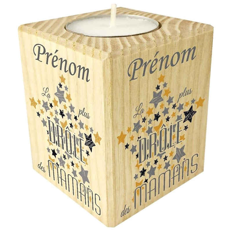 Bougie personnalisée La Plus Drole des Mamans – Porte Bougie en Bois personnalisé avec Le prénom de Maman – Cadeau Noël