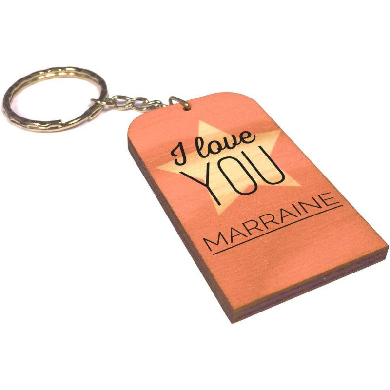 Porte Clef en BOIS - I Love You Marraine (Cadeau Parrain Marraine Baptême Communion Noël, annonce et demande Marraine) Mod. PcB2