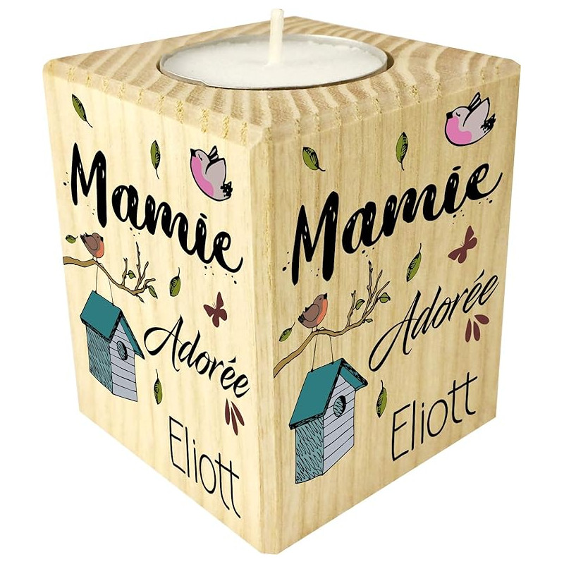 Bougie personnalisée Mamie adorée – Porte Bougie en Bois personnalisé avec Le prénom de Mamie – Cadeau Noël, Anniversaire, fête