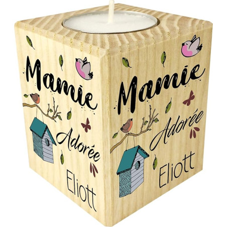 Bougie personnalisée Mamie adorée – Porte Bougie en Bois personnalisé avec Le prénom de Mamie – Cadeau Noël, Anniversaire, fête