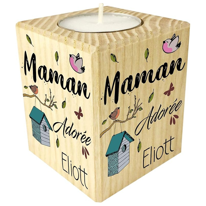 Bougie personnalisée pour Maman – Porte Bougie en Bois personnalisé avec Le prénom de Maman – Cadeau Noël, Anniversaire, fête