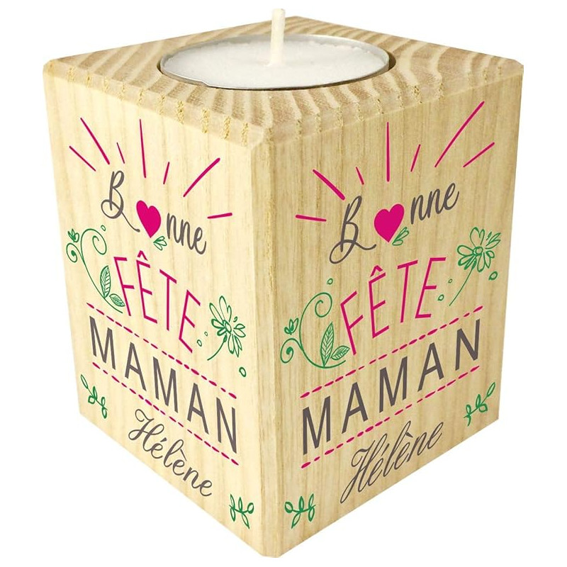 Bougie personnalisée pour Maman – Porte Bougie en Bois personnalisé avec Le prénom de Maman – Cadeau Noël, Anniversaire, fête