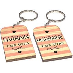 Lot 2 Portes Clefs - 1 Parrain + 1 Marraine - t'es trop cool (Cadeau Parrain Marraine Baptême Communion Noël, annonce et