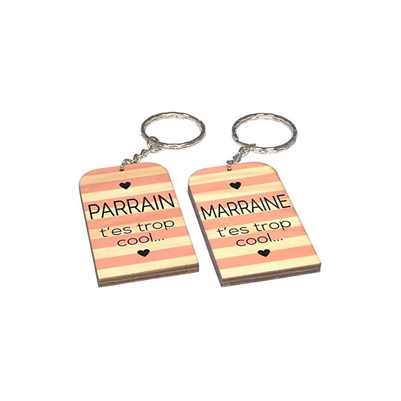 Lot 2 Portes Clefs - 1 Parrain + 1 Marraine - t'es trop cool (Cadeau Parrain Marraine Baptême Communion Noël, annonce et