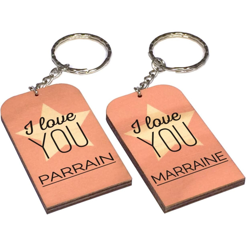 Lot 2 Portes Clefs - 1 Parrain + 1 Marraine - I Love You (Cadeau Parrain Marraine Baptême Communion Noël, annonce et demande