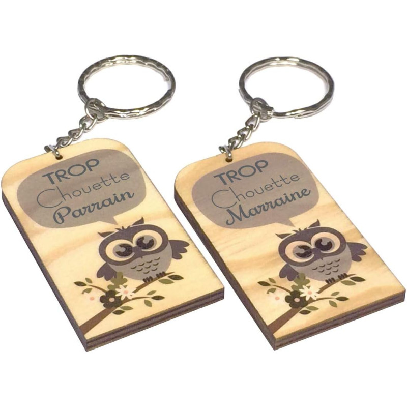 Lot 2 Portes Clefs - 1 Parrain + 1 Marraine - Trop Chouette (Cadeau Parrain Marraine Baptême Communion Noël, annonce et demande
