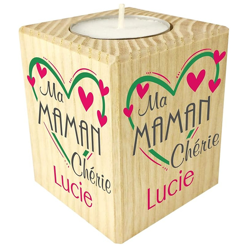 Bougie personnalisée pour Maman – Porte Bougie en Bois personnalisé avec Le prénom de Maman – Cadeau Noël, Anniversaire, fête